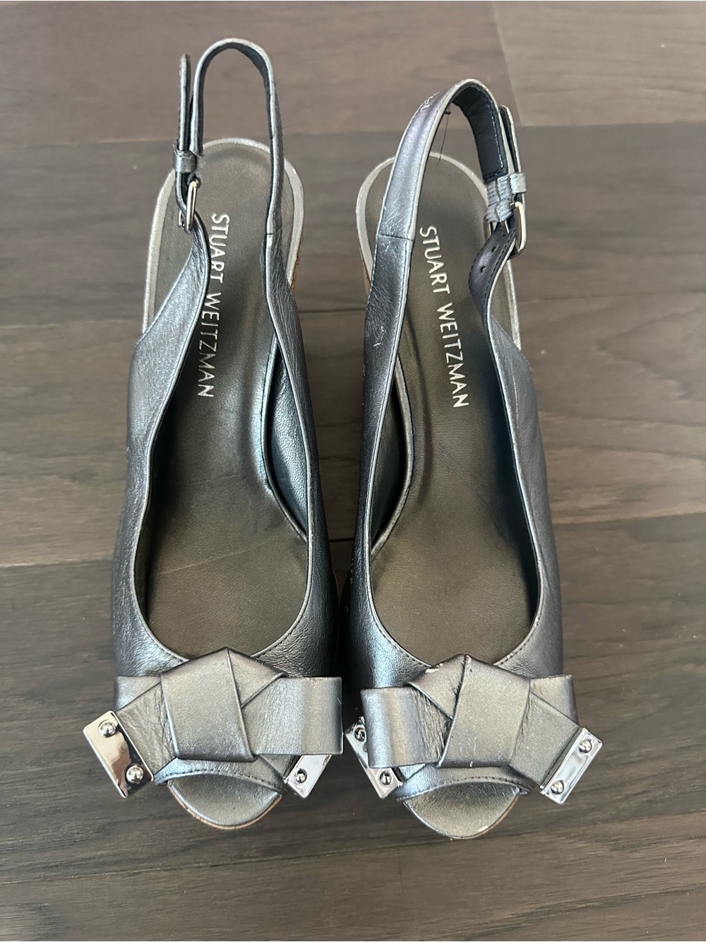 Stuart Weitzman Pewter Cork Wedge Slingback 10 M Peep Toe Bow